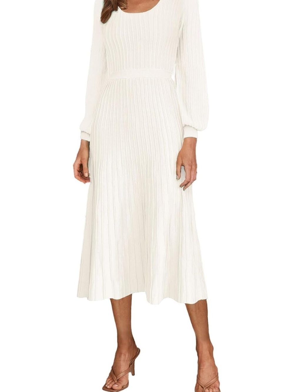 Elegant Khaki Long-Sleeve Knit Midi Dress